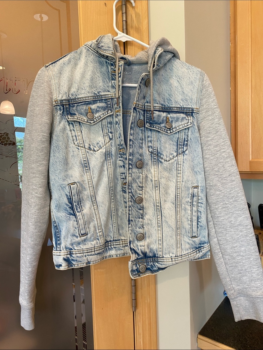 Aeropostale Light Wash Denim Jacket with built-in Grey Hoodie and Sleeves